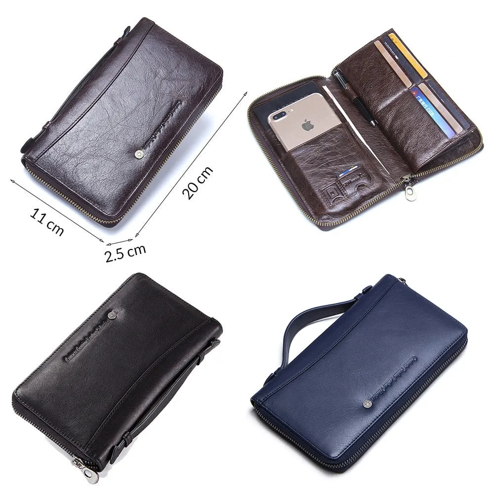 Genuine Leather Men Clutch Wallet  Brand Male Card Holder Long  Zipper Around Travel Purse With Passport Holder 6.5" Phone Case