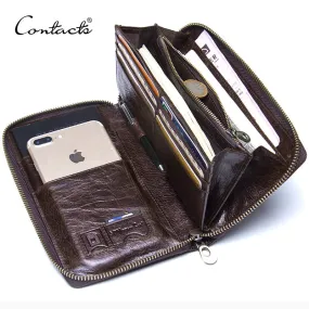 Genuine Leather Men Clutch Wallet  Brand Male Card Holder Long  Zipper Around Travel Purse With Passport Holder 6.5" Phone Case