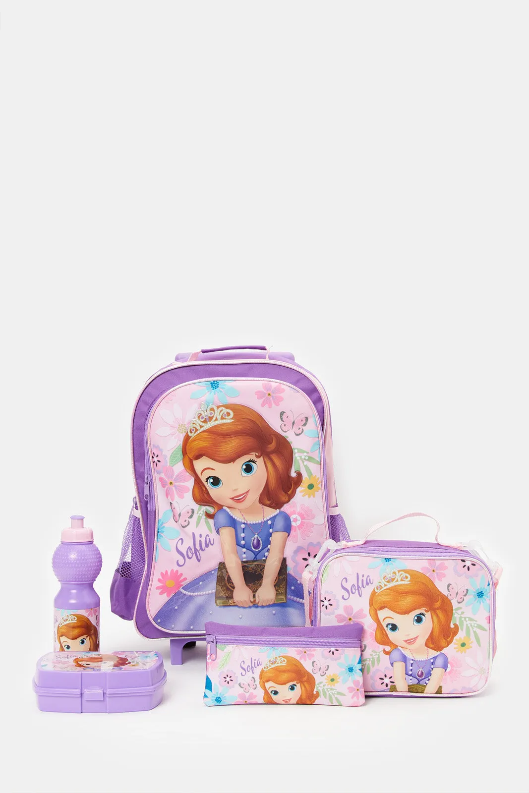 Girls Pink And Purple Sofia The First Print Trolley Set (5 Piece)