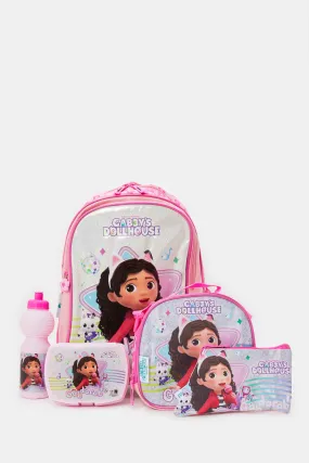 Girls Pink Gabby's Dollhouse Print Trolley Bag Set (5 Piece)