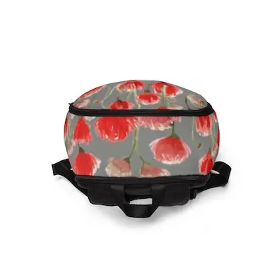 Gray Red Poppy Backpack, Flower Floral Print Nylon Travel School Bag w/ Laptop Slot