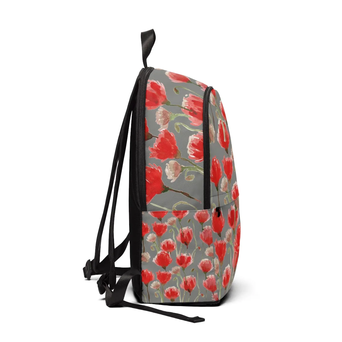 Gray Red Poppy Backpack, Flower Floral Print Nylon Travel School Bag w/ Laptop Slot