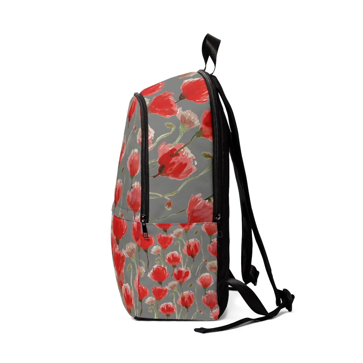 Gray Red Poppy Backpack, Flower Floral Print Nylon Travel School Bag w/ Laptop Slot