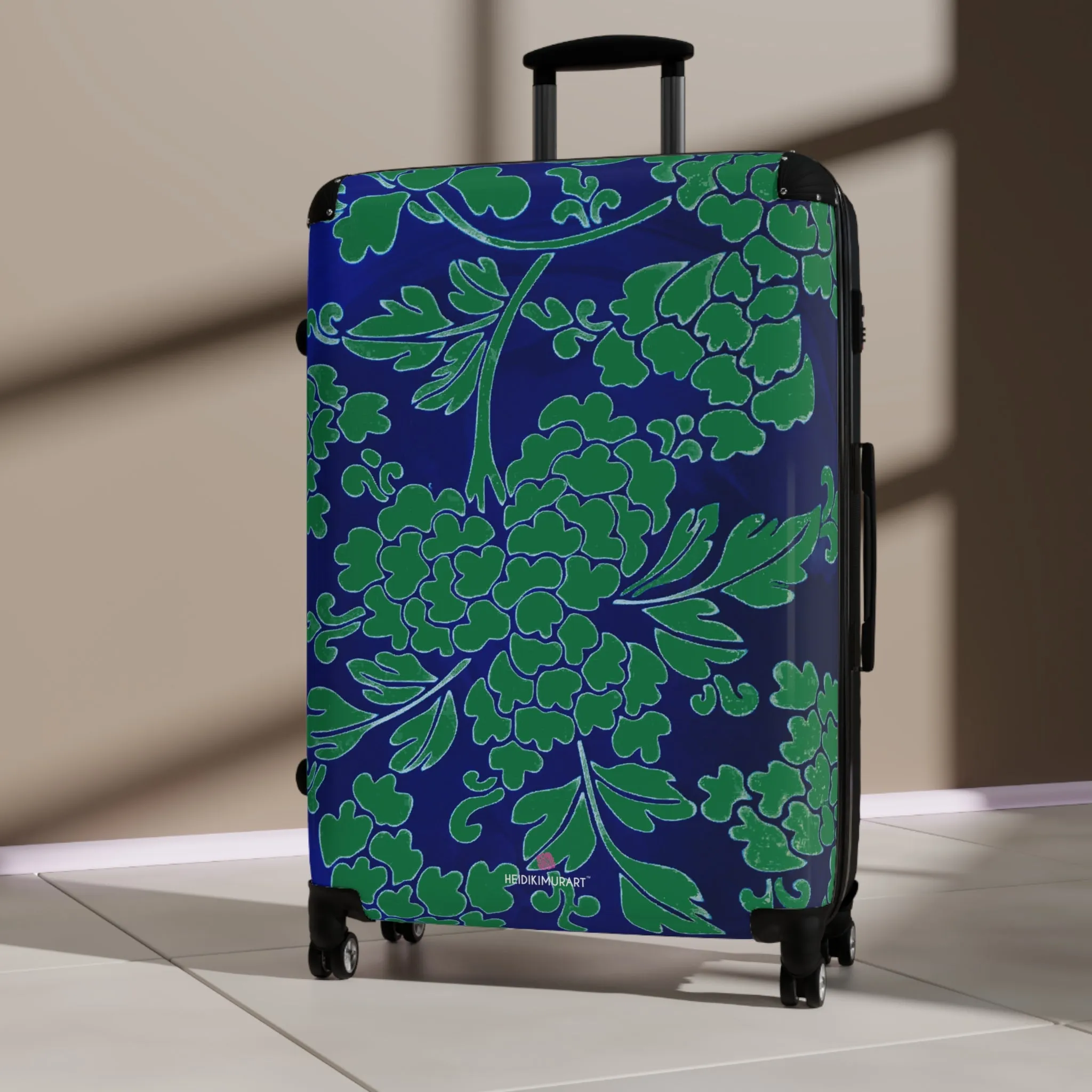 Green Blue Floral Print Suitcase, Abstract Oriental Style Print Designer Suitcases, Travel Bag Suitcases (Small, Medium, Large)