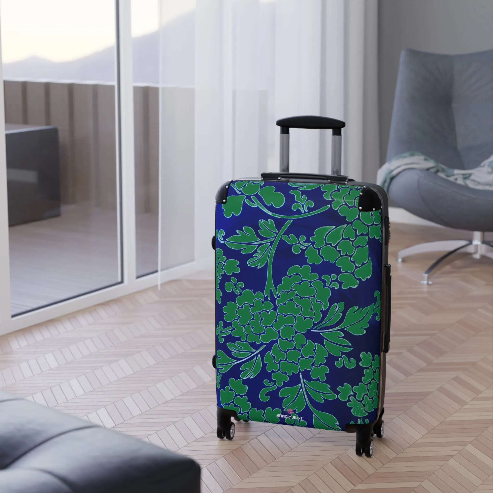 Green Blue Floral Print Suitcase, Abstract Oriental Style Print Designer Suitcases, Travel Bag Suitcases (Small, Medium, Large)