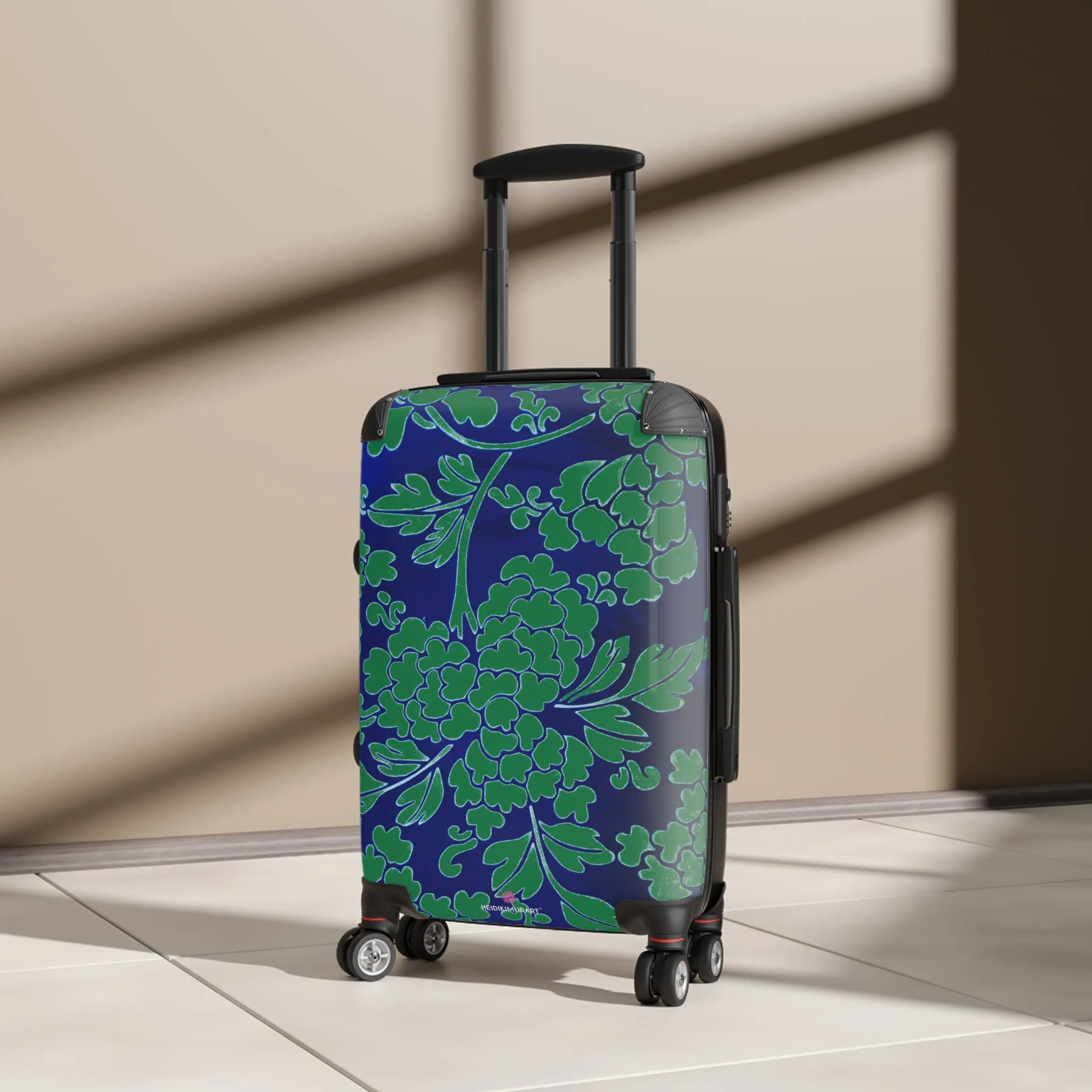 Green Blue Floral Print Suitcase, Abstract Oriental Style Print Designer Suitcases, Travel Bag Suitcases (Small, Medium, Large)