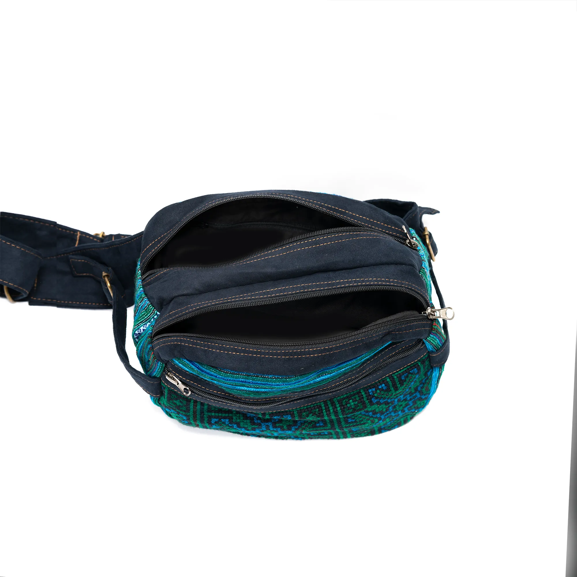 Green Waist bag, dark blue strap, embroidery and faux leather