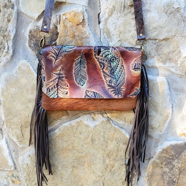 Hair on Hide Handbag w/ Turquoise Feather Flap