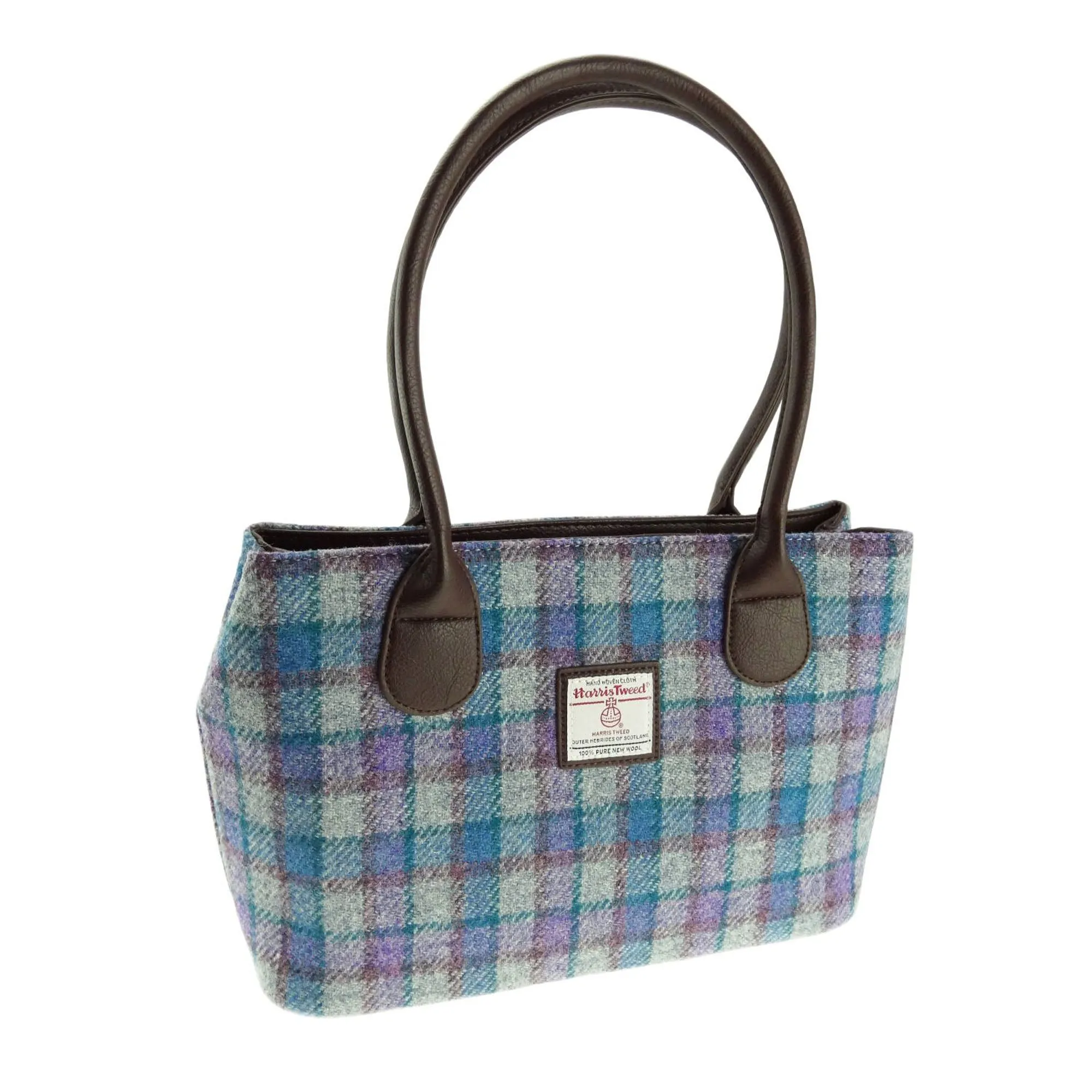 Harris Tweed Classic Handbag Blue/Purple Check On Grey