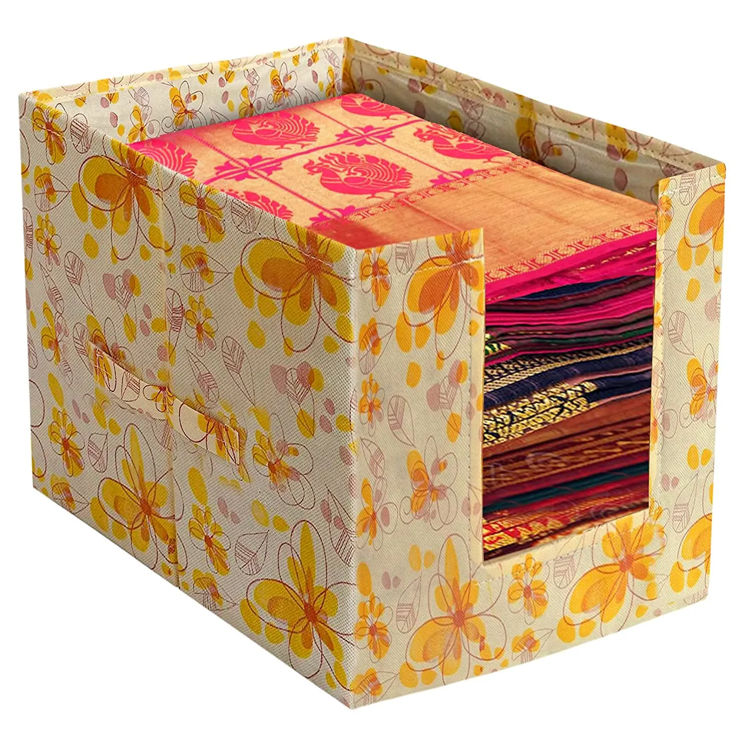 Heart Home Flower Printed Multiuses Non-Woven Closet Organizer With Handles- Pack of 6 (Yellow) -HS43HEARTH26485