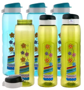 Heart Home Plastic Water Bottle With Sipper- 1 Litre, Pack of 6 (Green & Sky Blue)