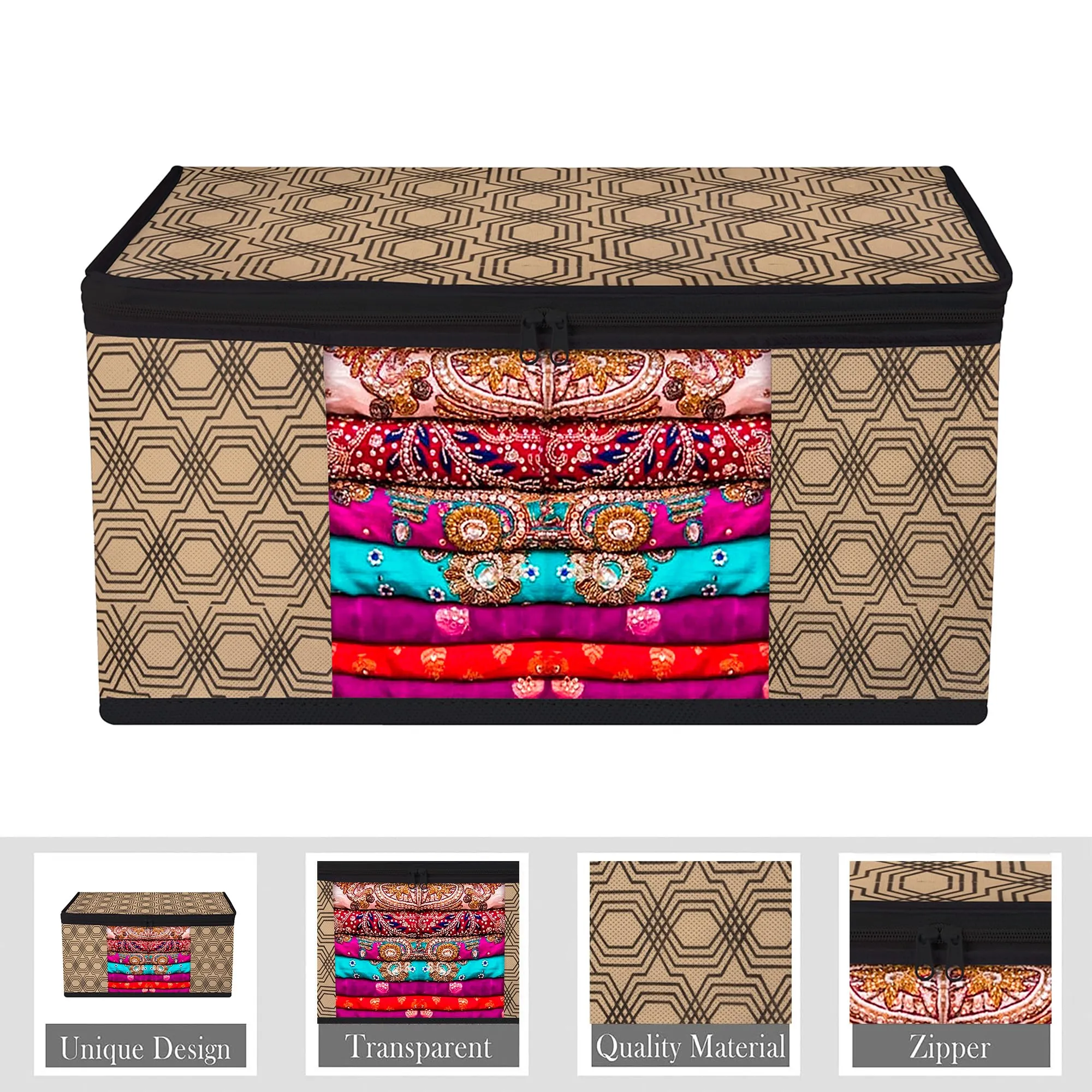 Kuber Industries Saree Cover & Blouse Cover Set | Saree & Blouse Organizer Combo Set | 2 Pieces Blouse & 2 Pieces Saree Cover Set | Zipper Closure | Honeycomb-Design | Set of 4 | Coffee