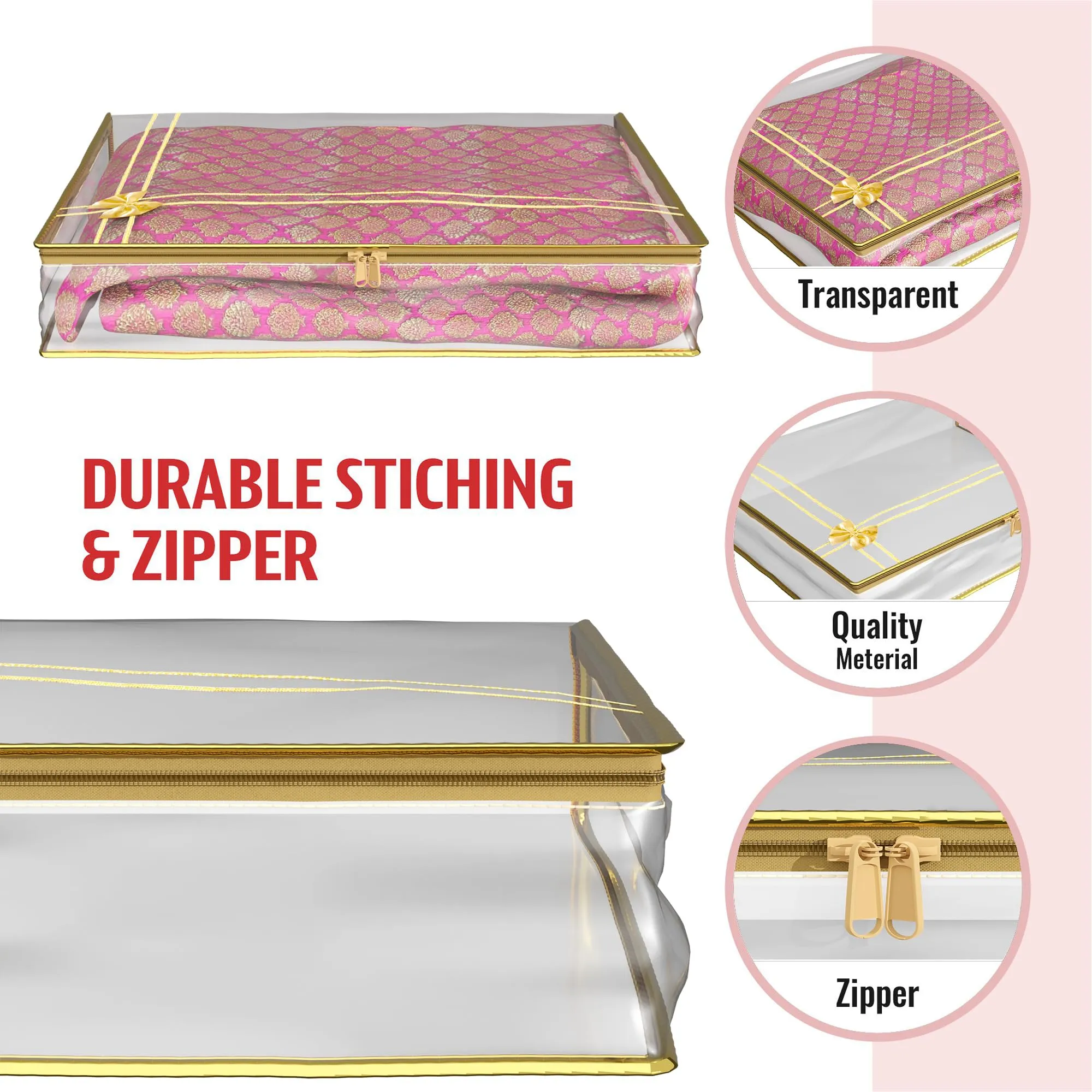 Kuber Industries Saree Cover | Clothes Storage Bag | Suit Packing Cover | Cloth Stoarge Organizer | Wardrobe Cloth Storage Organiser with Zip | Bow Transparent | 3 Inch | Pack of 12 | Golden