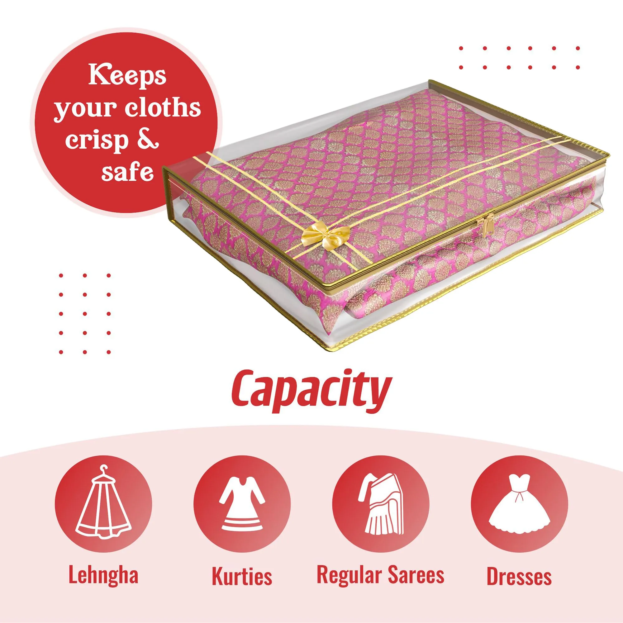 Kuber Industries Saree Cover | Clothes Storage Bag | Suit Packing Cover | Cloth Stoarge Organizer | Wardrobe Cloth Storage Organiser with Zip | Bow Transparent | 3 Inch | Pack of 12 | Golden