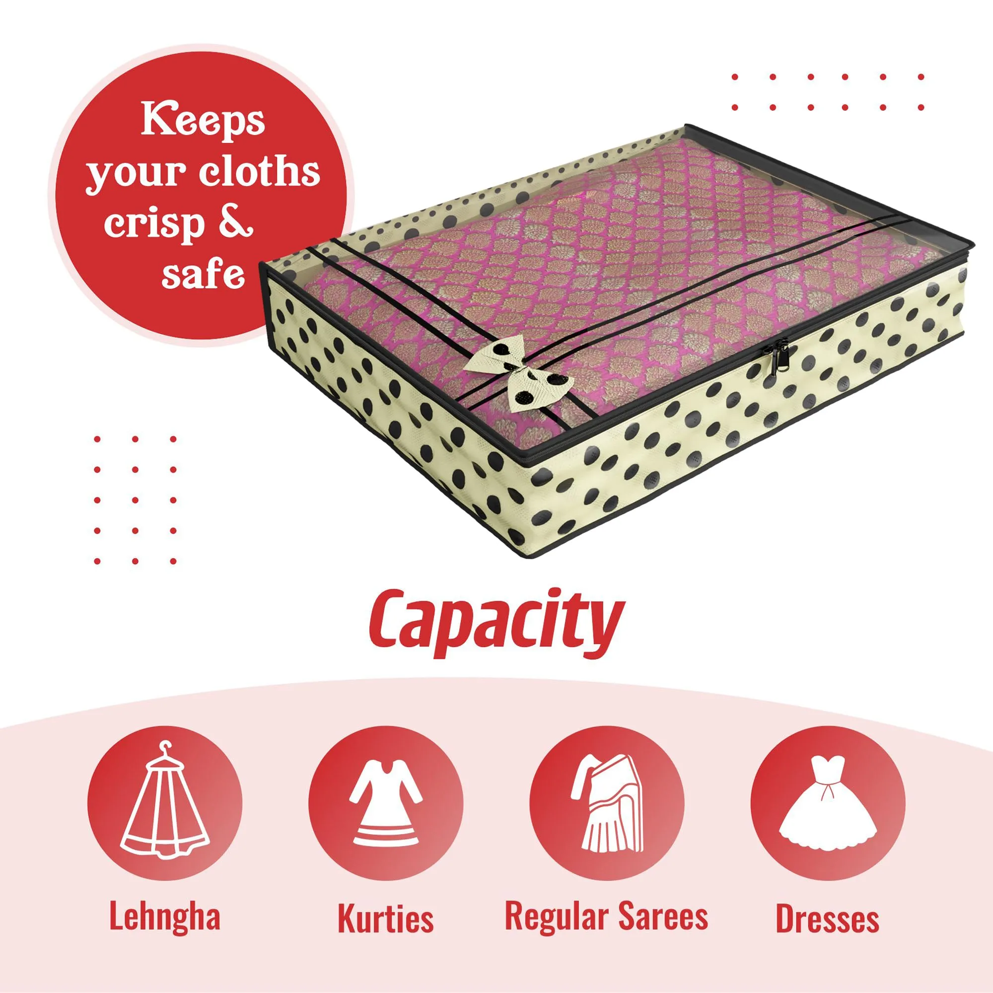 Kuber Industries Saree Cover | Clothes Storage Bag | Suit Packing Cover | Cloth Stoarge Organizer | Wardrobe Cloth Storage Organiser with Zip | Dot Bow-Design | 3 Inch | Pack of 6 | Cream