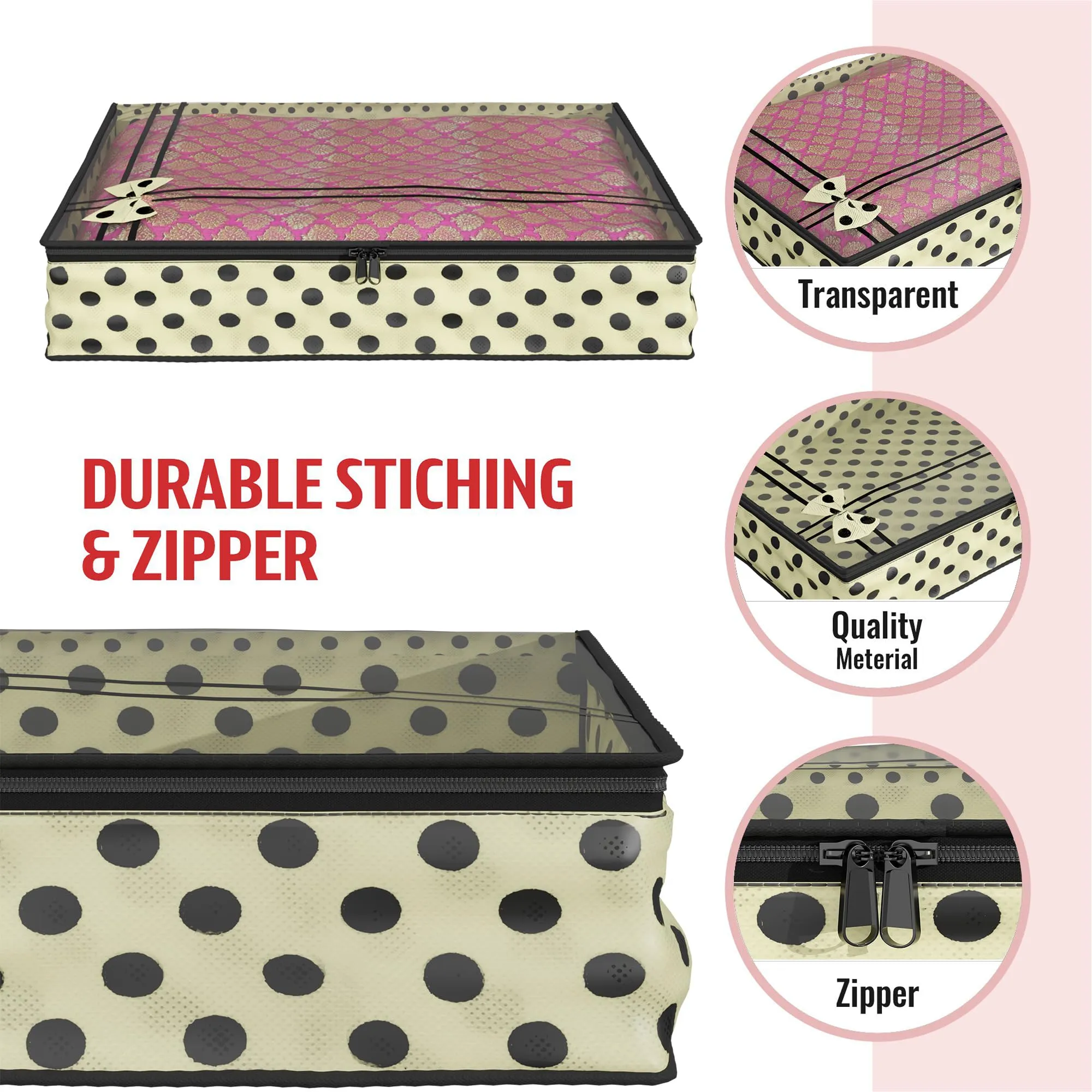 Kuber Industries Saree Cover | Clothes Storage Bag | Suit Packing Cover | Cloth Stoarge Organizer | Wardrobe Cloth Storage Organiser with Zip | Dot Bow-Design | 3 Inch | Pack of 6 | Cream