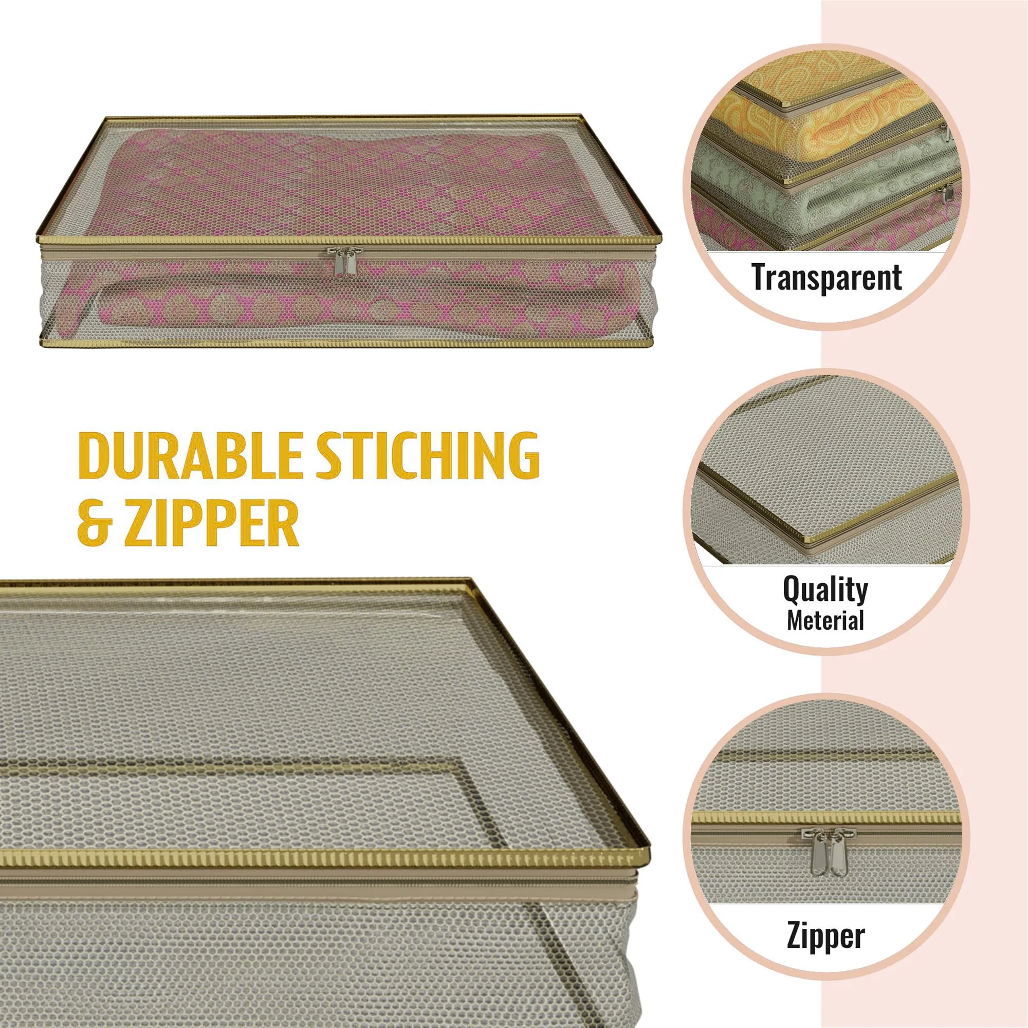 Kuber Industries Saree Cover | Clothes Storage Bag | Suit Packing Cover | Cloth Stoarge Organizer | Wardrobe Cloth Storage Organiser with Zip | Mesh Transparent | 3 Inch | Pack of 9 | Gold