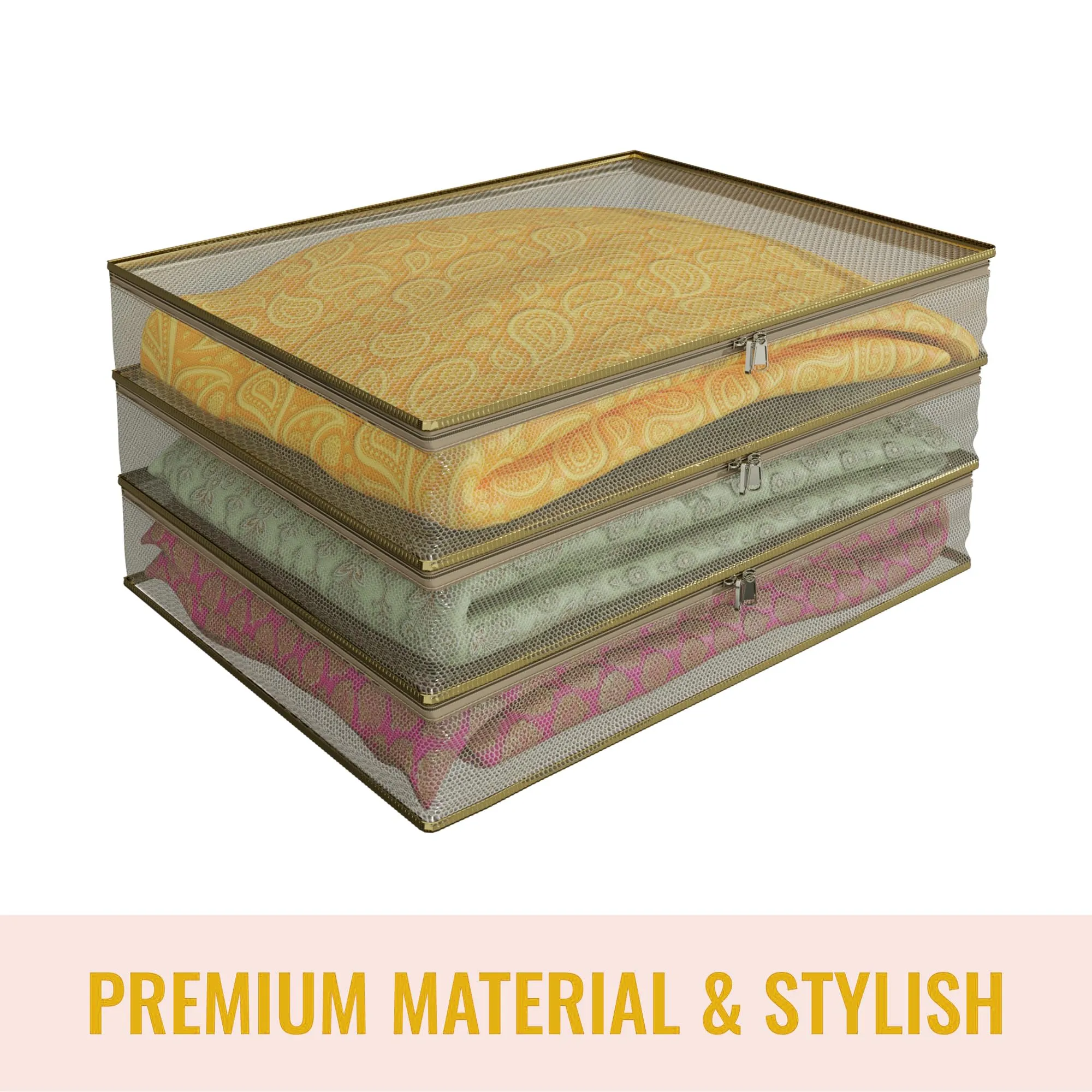 Kuber Industries Saree Cover | Clothes Storage Bag | Suit Packing Cover | Cloth Stoarge Organizer | Wardrobe Cloth Storage Organiser with Zip | Mesh Transparent | 3 Inch | Pack of 9 | Gold