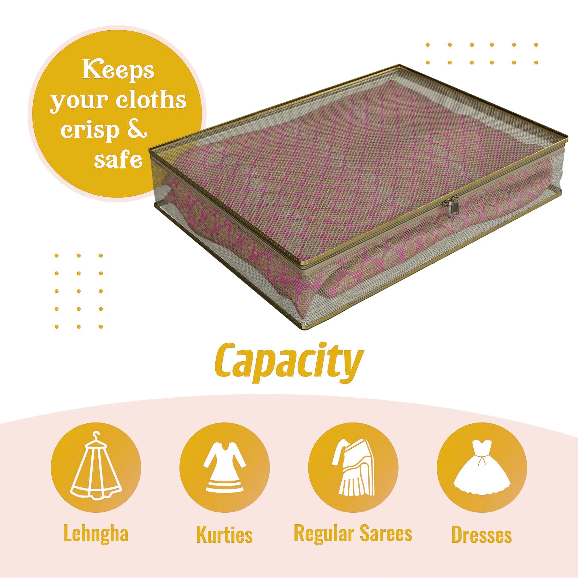 Kuber Industries Saree Cover | Clothes Storage Bag | Suit Packing Cover | Cloth Stoarge Organizer | Wardrobe Cloth Storage Organiser with Zip | Mesh Transparent | 3 Inch | Pack of 9 | Gold