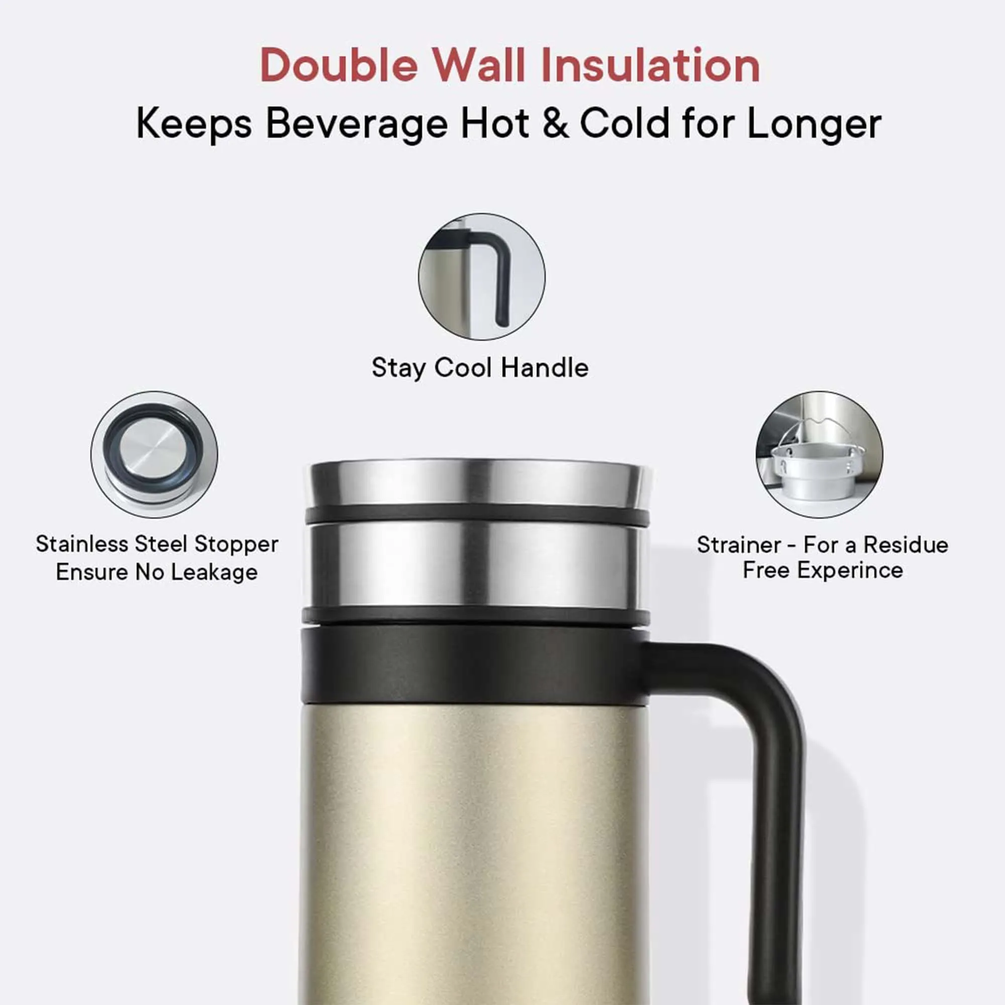 Kuber Industries Vacuum Insulated Hot & Cold Beverages Tea/Coffee Tumbler Mug with Lid & Handle for Office, Gym & Travel | Stainless Steel Leak-Proof Thermos for Coffee & Water | Off-White