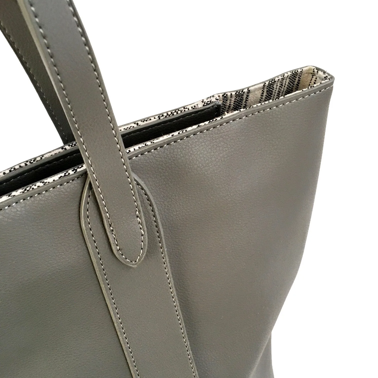 LARGE PLAIN GREY TOTE HANDBAG WITH STRIPE INTERIOR