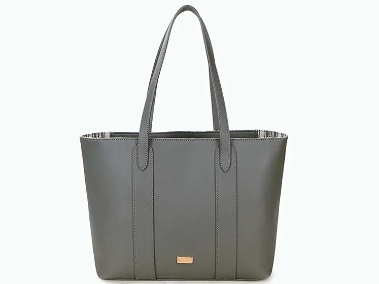 LARGE PLAIN GREY TOTE HANDBAG WITH STRIPE INTERIOR