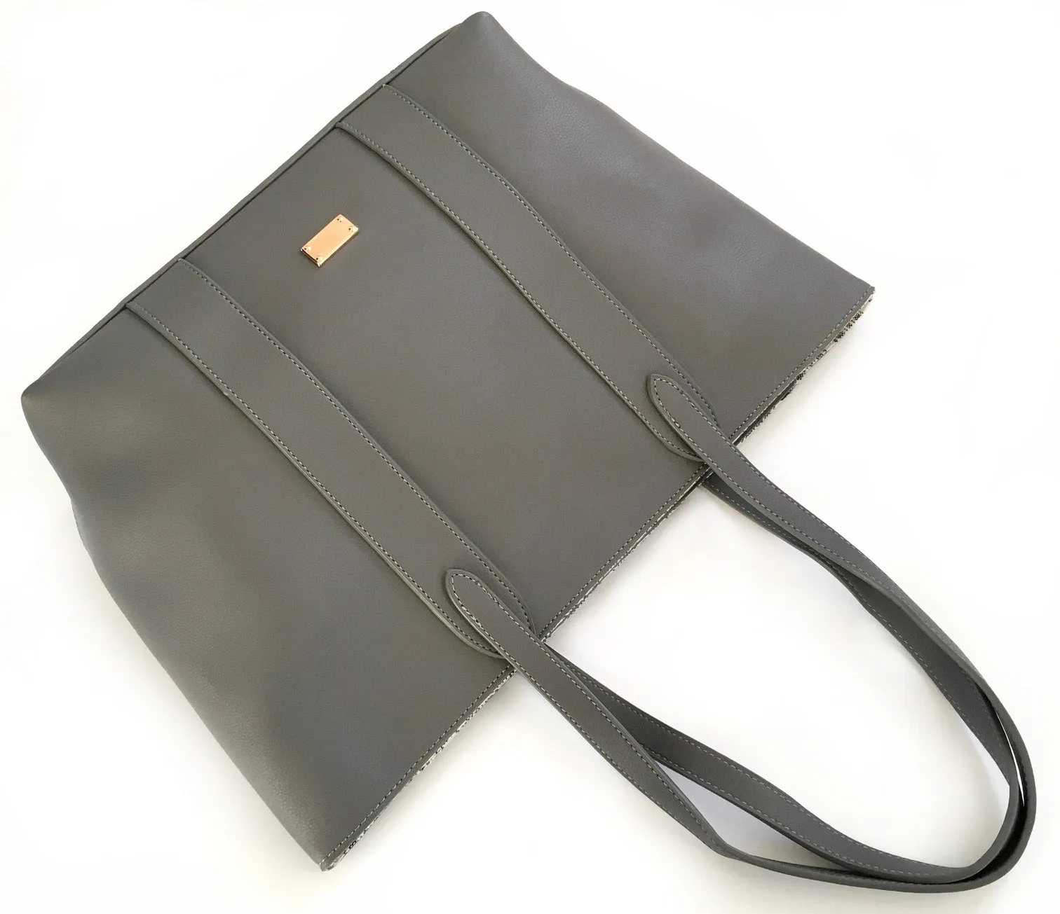 LARGE PLAIN GREY TOTE HANDBAG WITH STRIPE INTERIOR