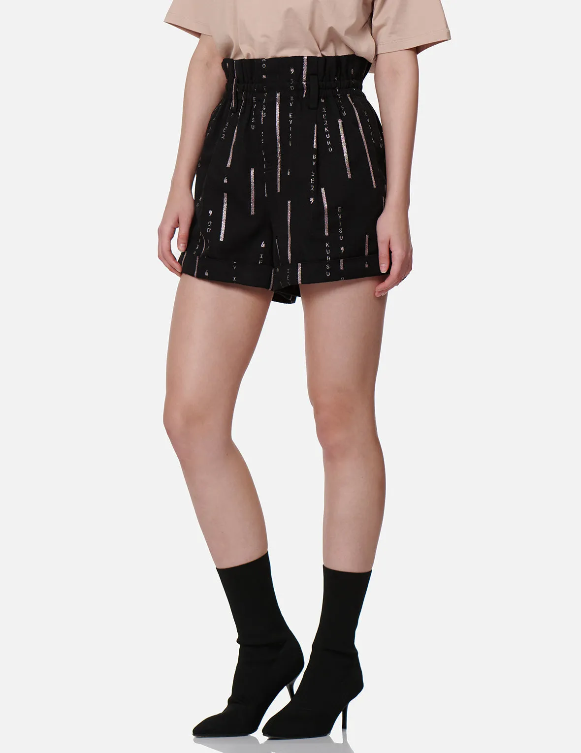 Logo Stripe Glitter Print Paper Bag Shorts