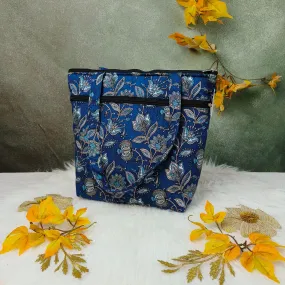 Medium Size Handbag Blue with Ash Grey Botanical Prints