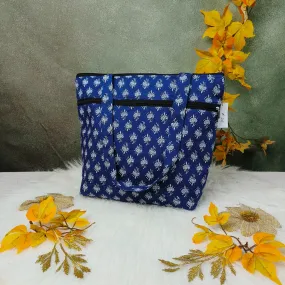 Medium Size Handbag Dark Blue with Ditsy Fret White Floral PRints