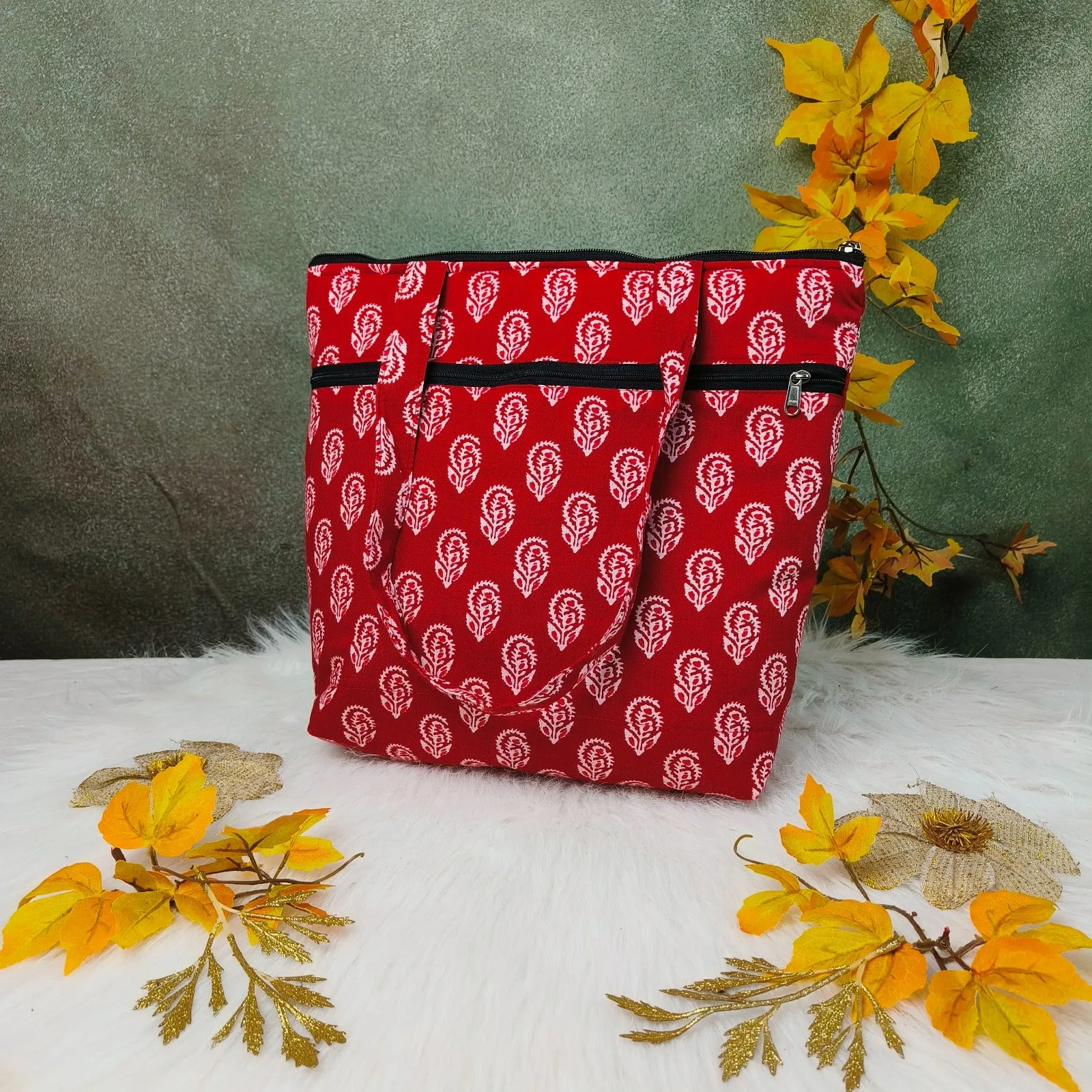 Medium Size Handbag Red with White Floral Ditsy Prints