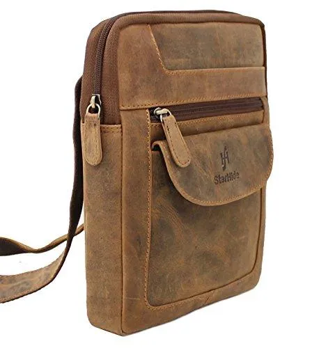 Mens Womens Distressed Hunter Genuine Leather Travel Messenger Bag For Ipad Tablet 505 (Brown)