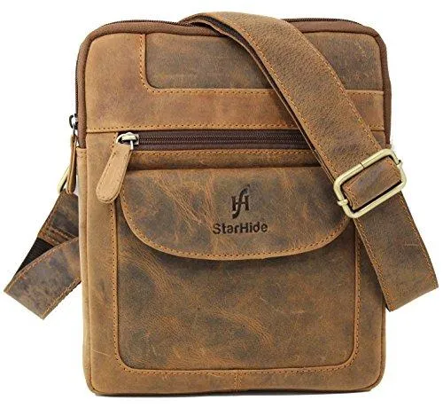 Mens Womens Distressed Hunter Genuine Leather Travel Messenger Bag For Ipad Tablet 505 (Brown)