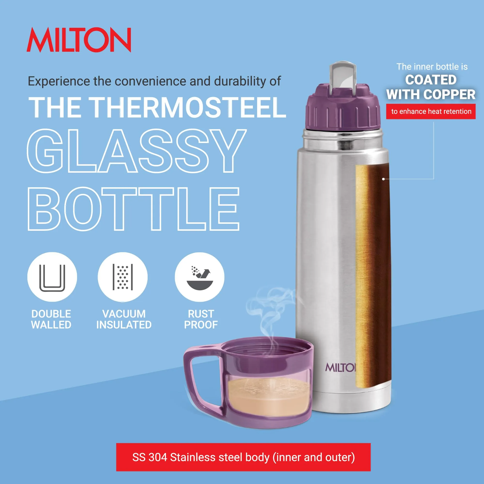 Milton Glassy Flask 1000ml Vaccum Flasks - Purple