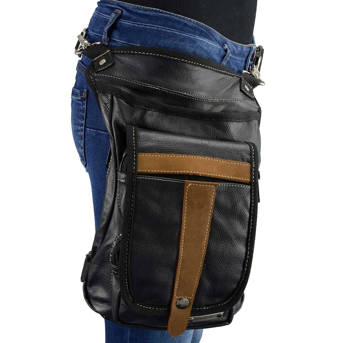 Milwaukee Leather MP8897 Black and Tan Conceal and Carry Leather Thigh Bag with Waist Belt