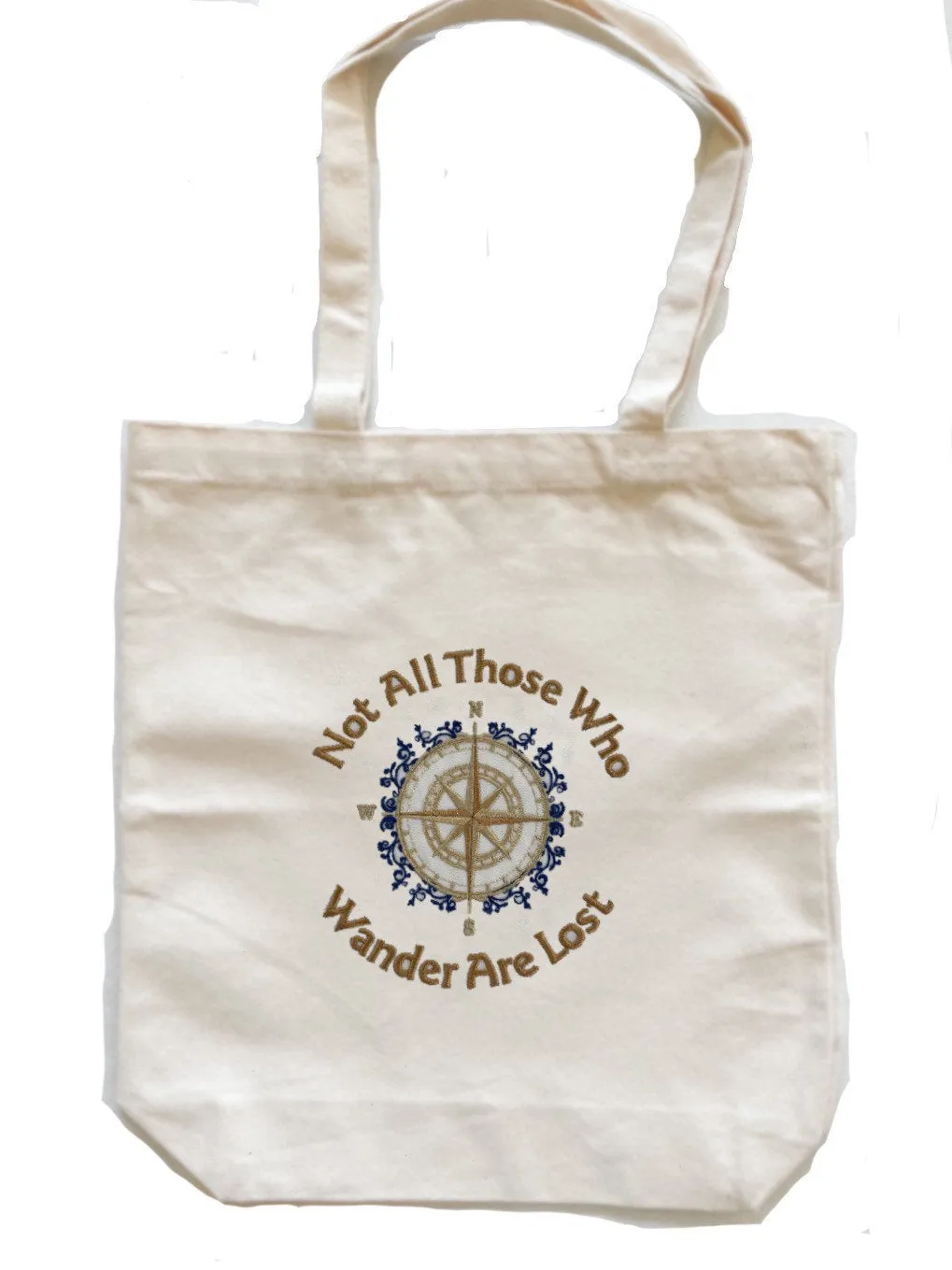 Not All Who Wander Are Lost Compass Embroidered Cotton Canvas Tote Bag