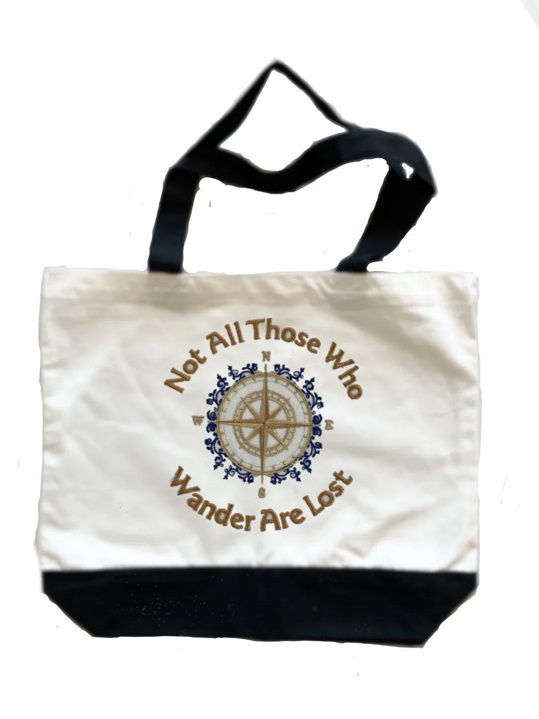 Not All Who Wander Are Lost Compass Embroidered Cotton Canvas Tote Bag