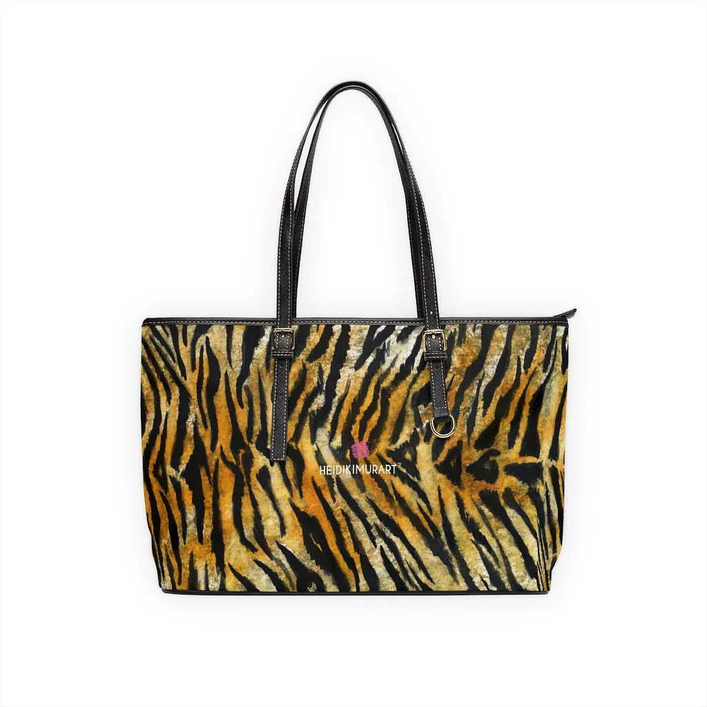 Orange Tiger Striped Tote Bag, Tiger Stripes Animal Print Best Designer PU Leather Shoulder Bag