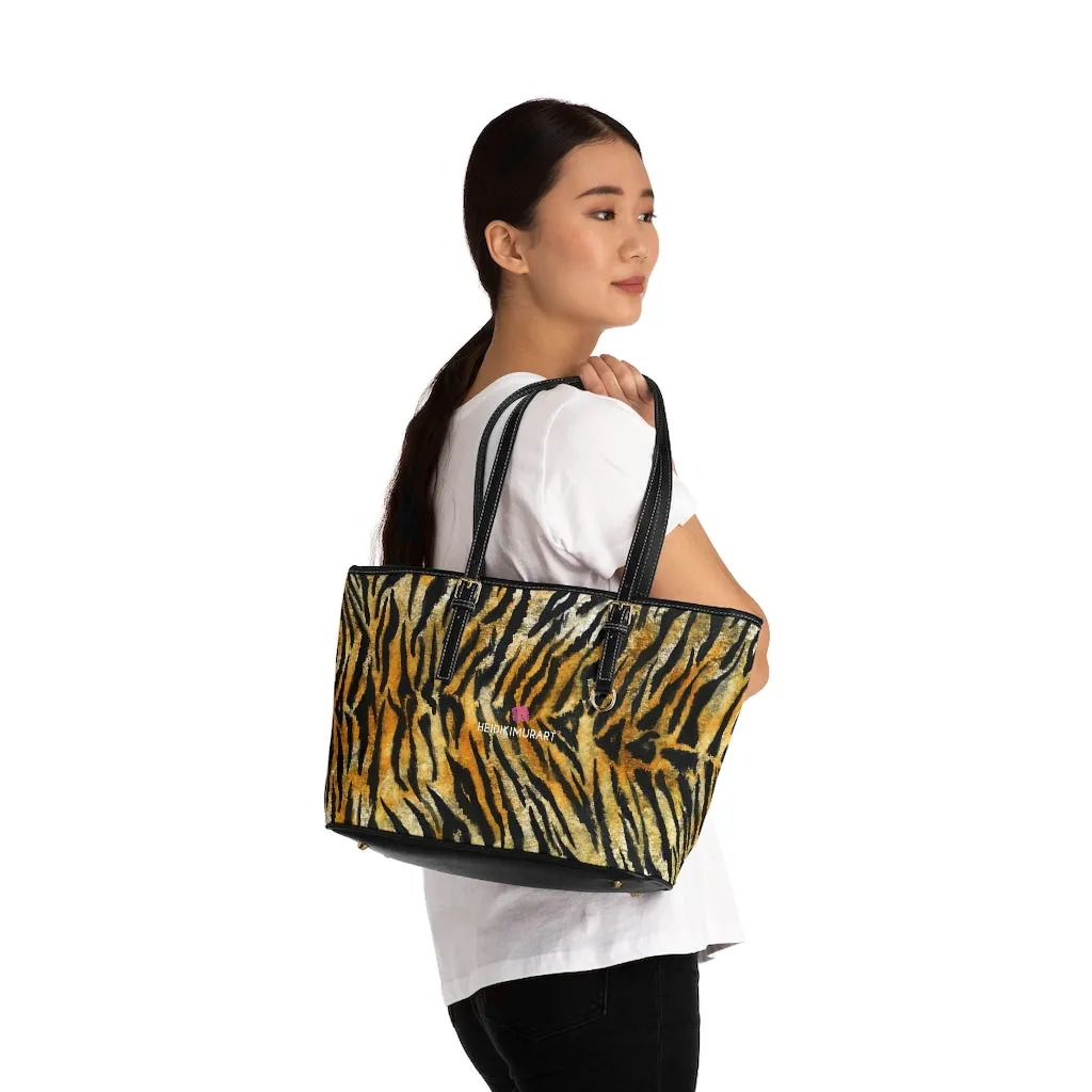 Orange Tiger Striped Tote Bag, Tiger Stripes Animal Print Best Designer PU Leather Shoulder Bag