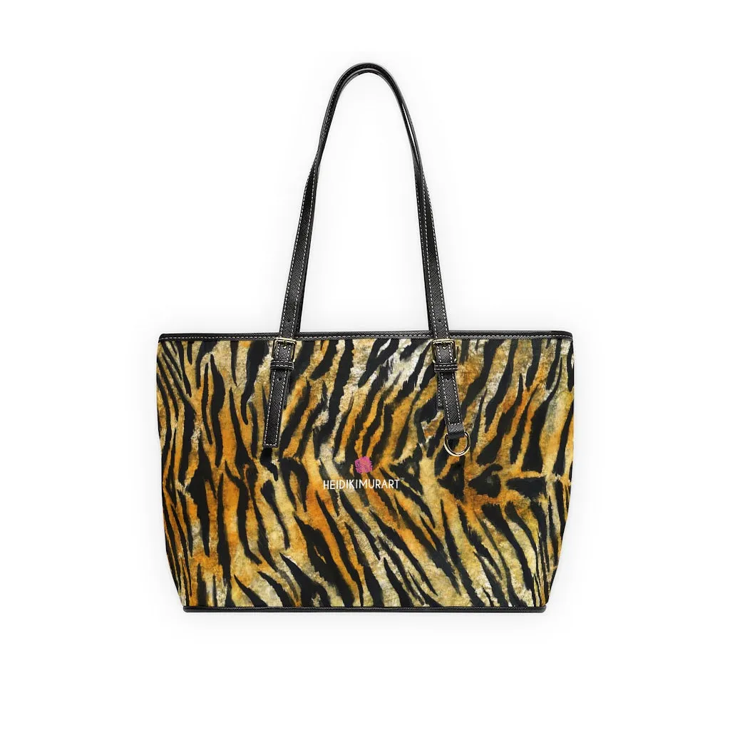 Orange Tiger Striped Tote Bag, Tiger Stripes Animal Print Best Designer PU Leather Shoulder Bag