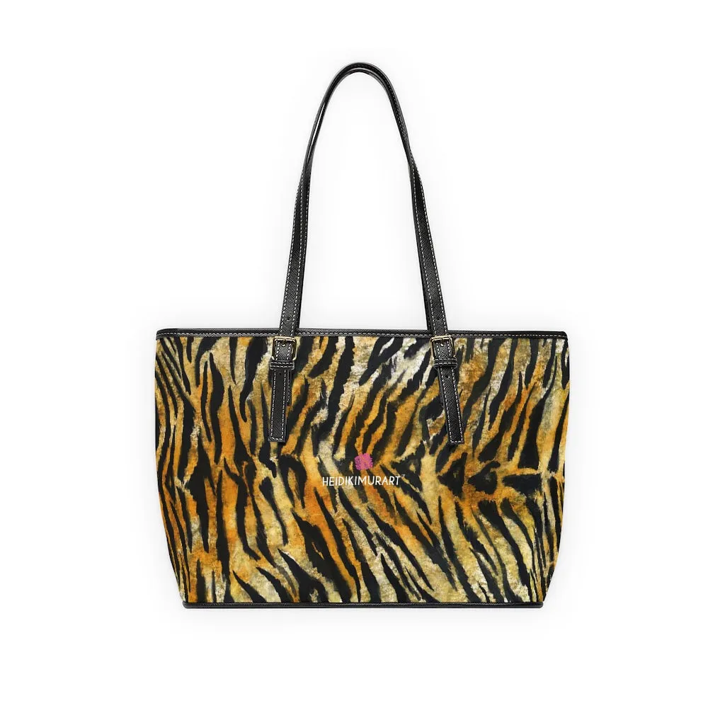 Orange Tiger Striped Tote Bag, Tiger Stripes Animal Print Best Designer PU Leather Shoulder Bag