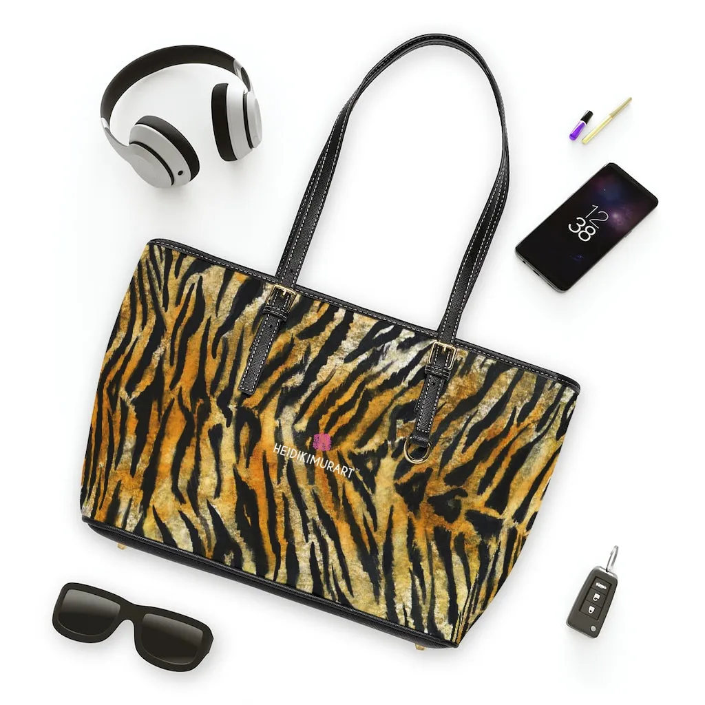 Orange Tiger Striped Tote Bag, Tiger Stripes Animal Print Best Designer PU Leather Shoulder Bag