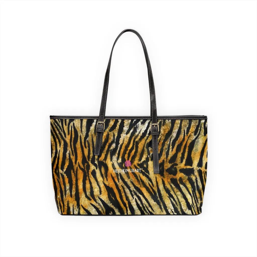 Orange Tiger Striped Tote Bag, Tiger Stripes Animal Print Best Designer PU Leather Shoulder Bag