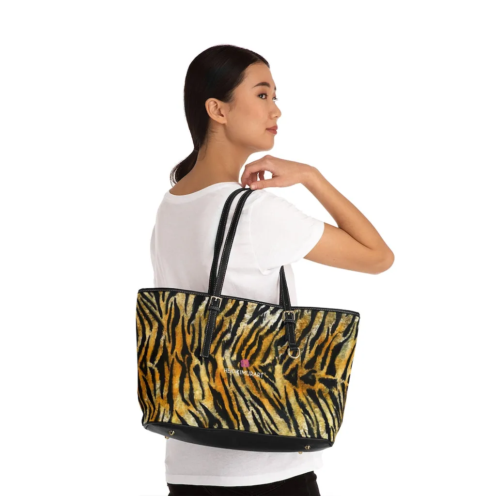 Orange Tiger Striped Tote Bag, Tiger Stripes Animal Print Best Designer PU Leather Shoulder Bag