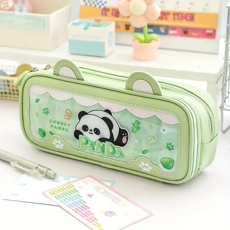 Panda Design Double Layer Pencil Pouch for Kids