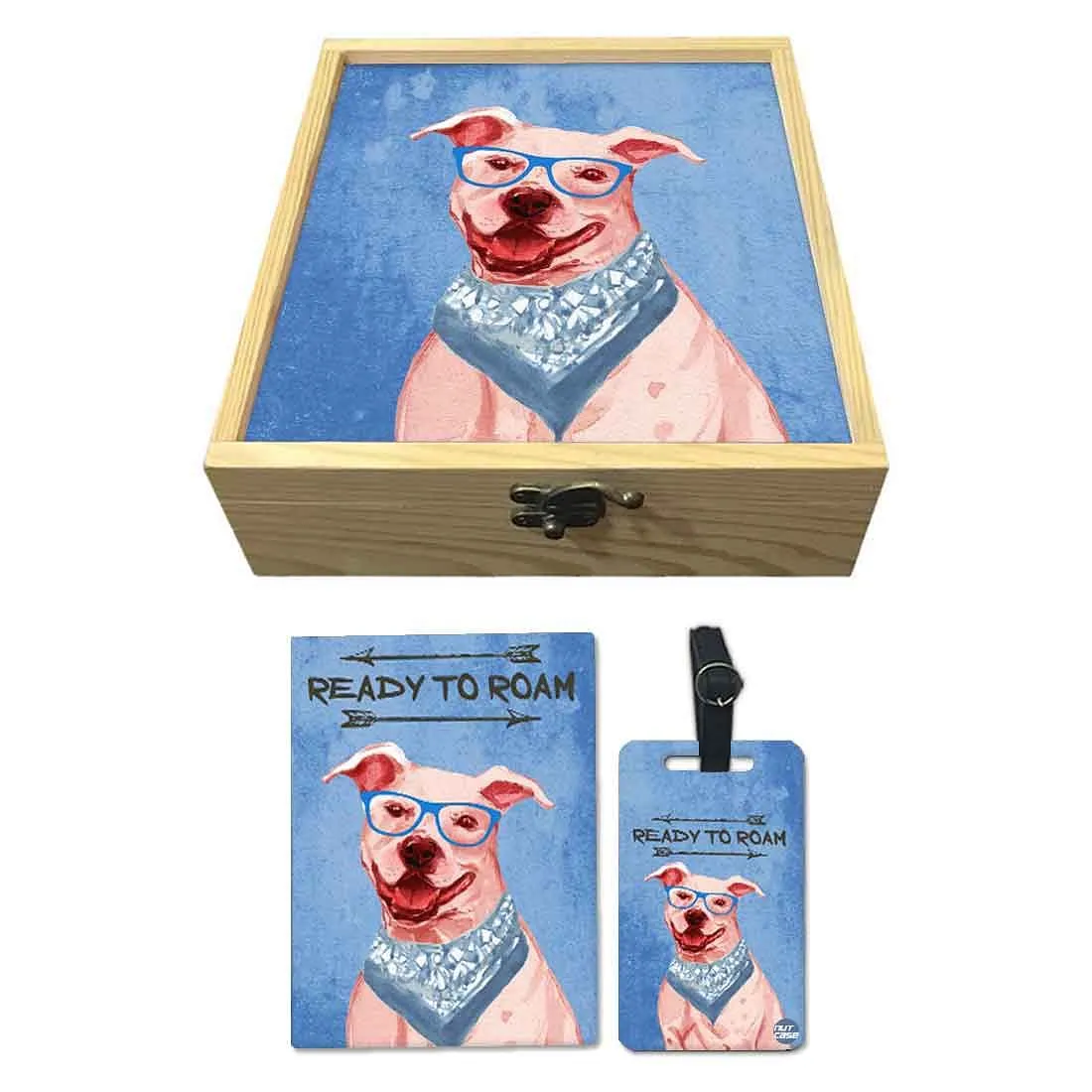 Passport Cover Luggage Tag Wooden Gift Box Set - Hipster Dog