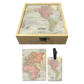 Passport Cover Luggage Tag Wooden Gift Box Set - The World Map