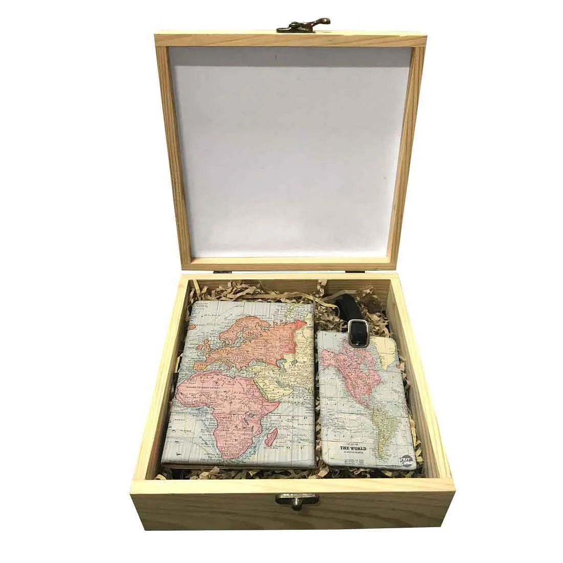 Passport Cover Luggage Tag Wooden Gift Box Set - The World Map