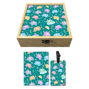 Passport Holder Cover For Kids Luggage Tag Wooden Gift Box Set - Mini Elephant