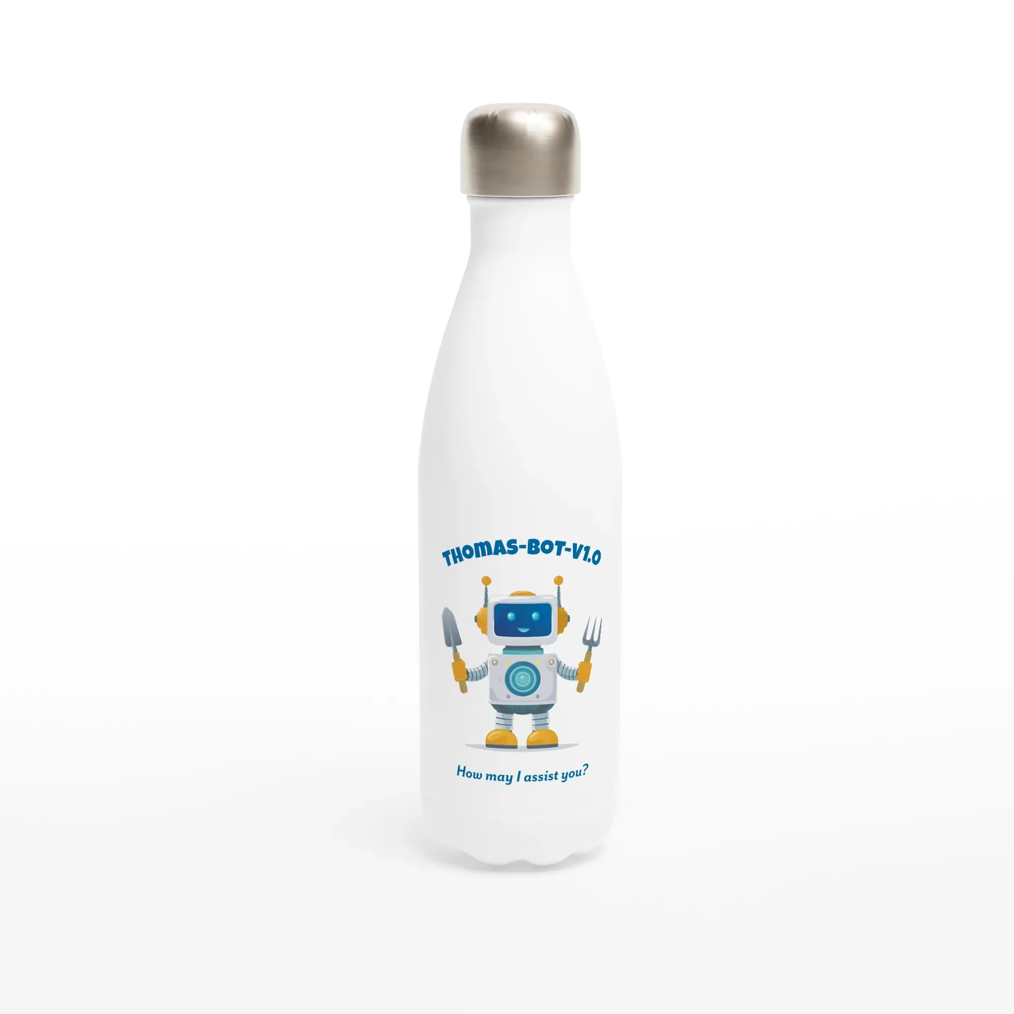 Personalisable White 17oz Stainless Steel Water Bottle - Robot Assistant